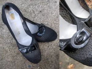 1940s Black Mesh Shoes Red Cross Shoes Size 7.5 Narrow